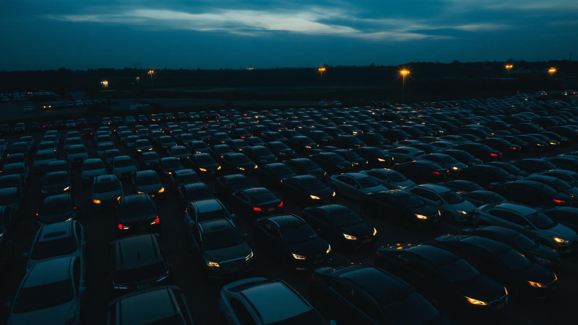 Dealer-only auction lot at dusk