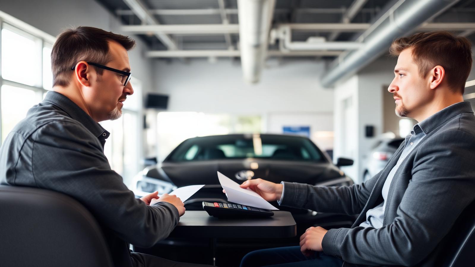 A car buyer reviewing paperwork across a desk from a dealership salesperson